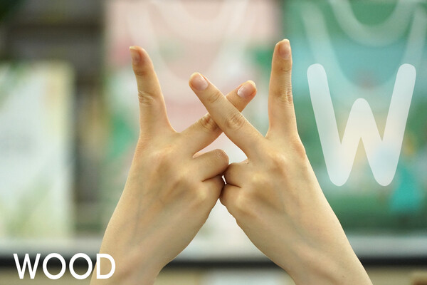 양 손가락으로 목재를 표현하는 더블유(W)를 만들어 참여 